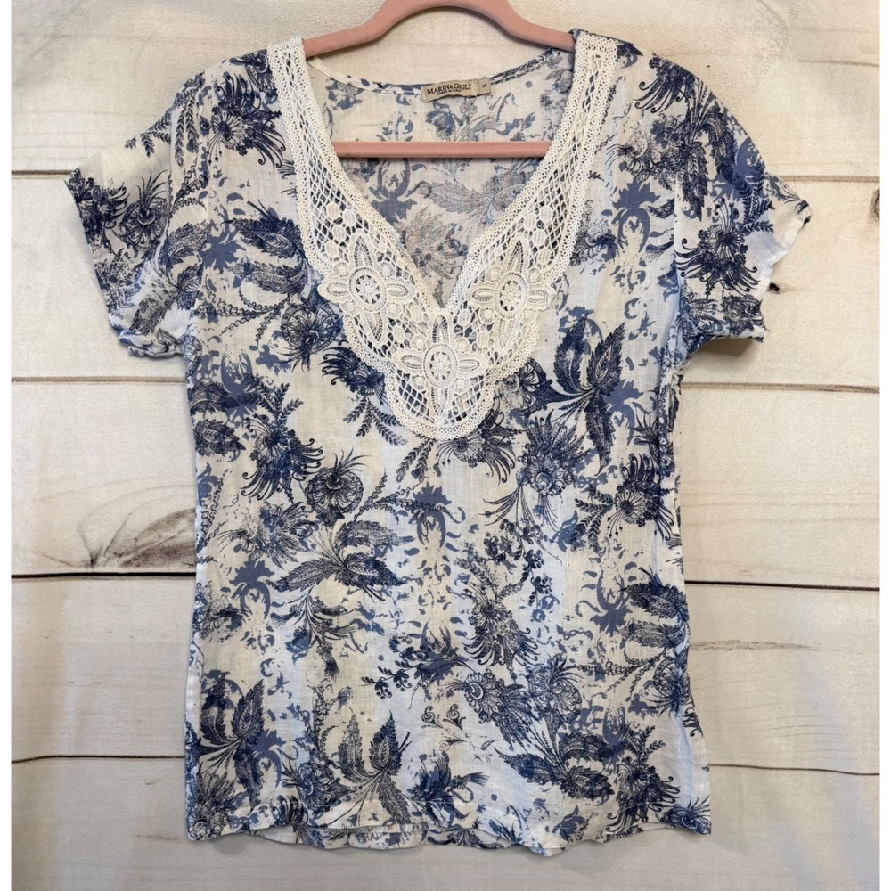 Marina‎ Gigli Linen Floral Toile Lace V-Neck Top Made in Italy Blue White Small